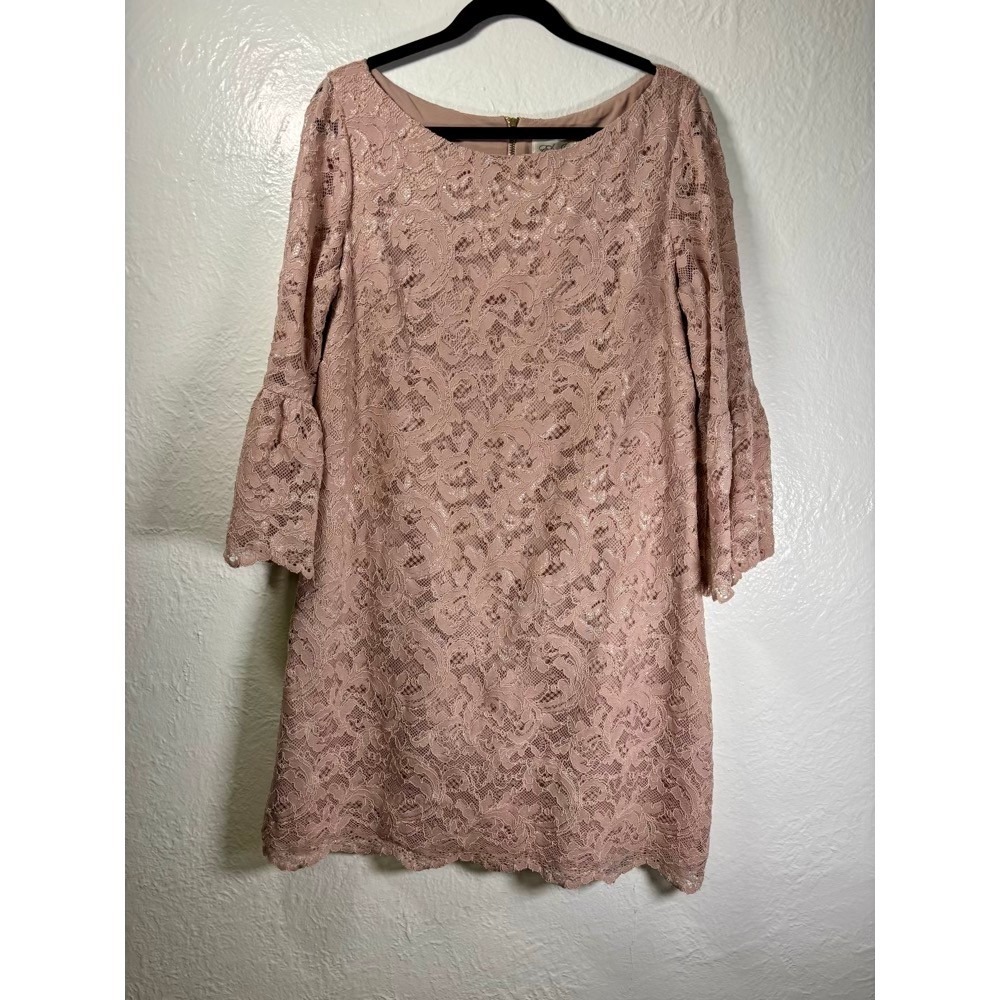 Eliza J‎ Lace Bell Sleeve Dress Pink Sz 16 Wedding Guest Romantic Coquette Fairy
